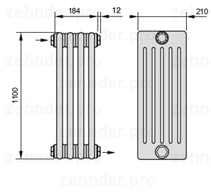 Схема (чертеж) Радиатор Zehnder Charleston 6110/4 №1670 Белый глянцевый RAL 9016